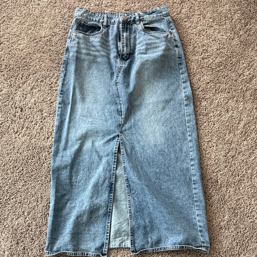 Blank NYC Light Blue Straight Leg Denim Skirt with Front Slit